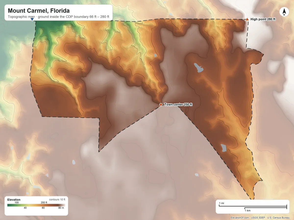 Topographic elevation map of Mount Carmel, Florida, shaded from 66 ft on the northwest side to 280 ft on the northeast side