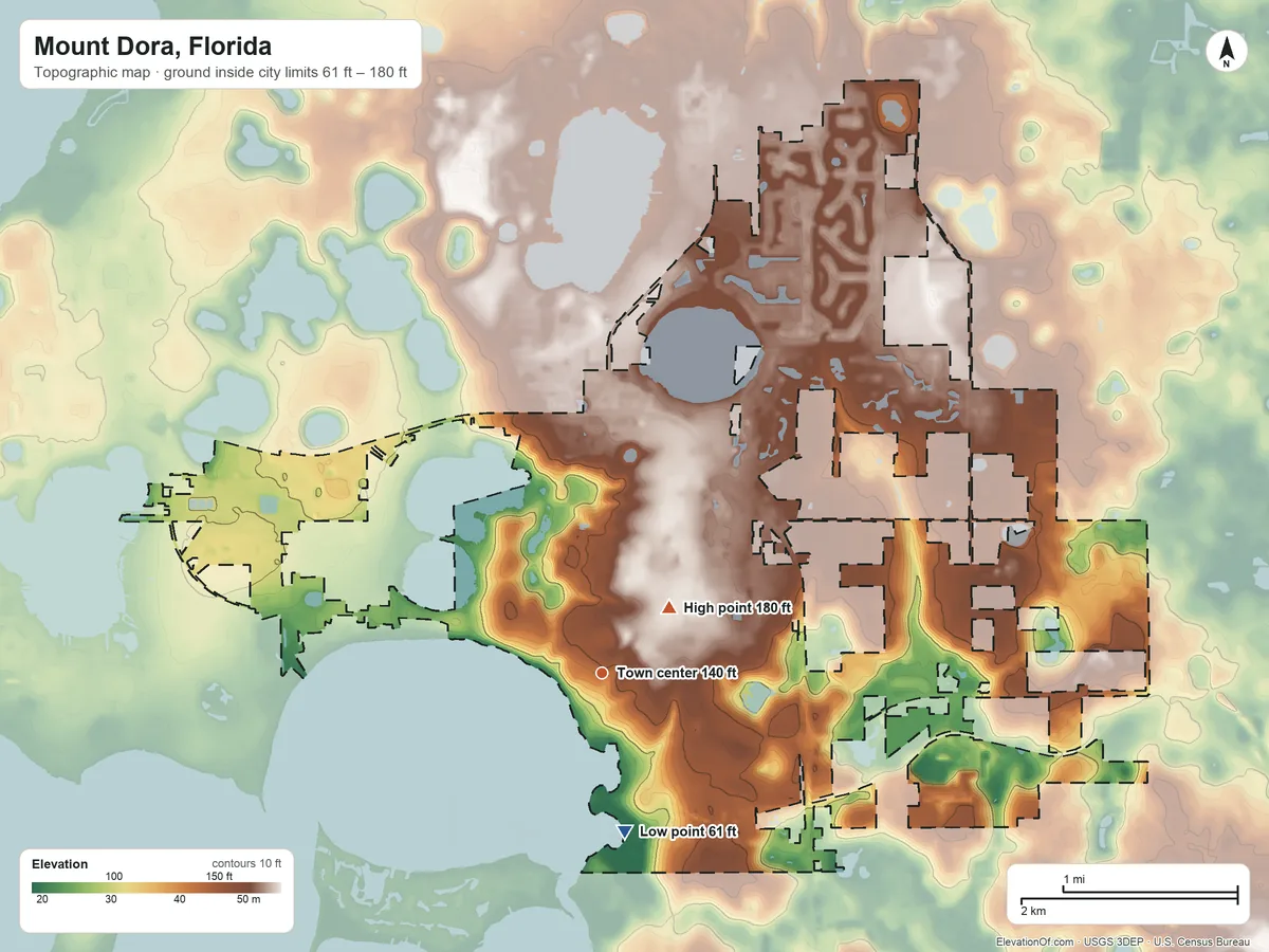 Topographic elevation map of Mount Dora, Florida, shaded from 61 ft on the south side to 180 ft near the middle
