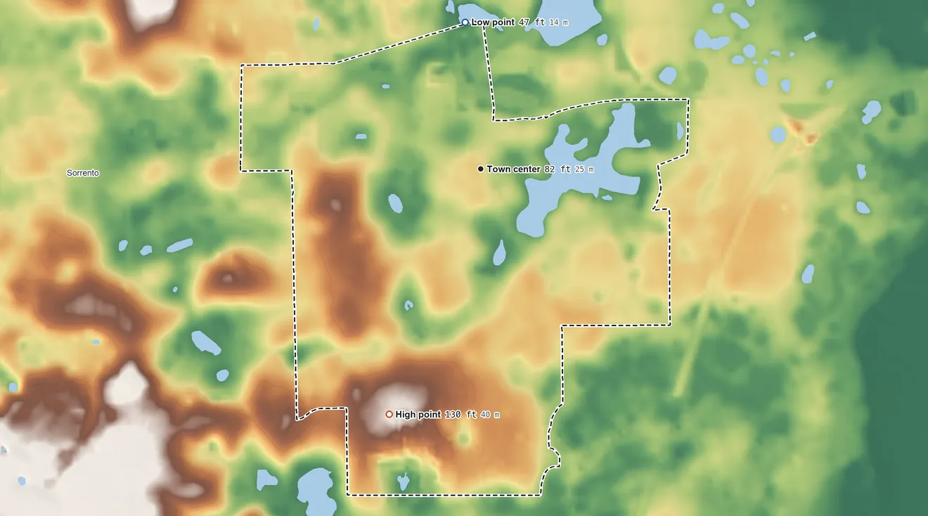 Topographic elevation map of Mount Plymouth, Florida, shaded from 47 ft on the north side to 130 ft on the south side
