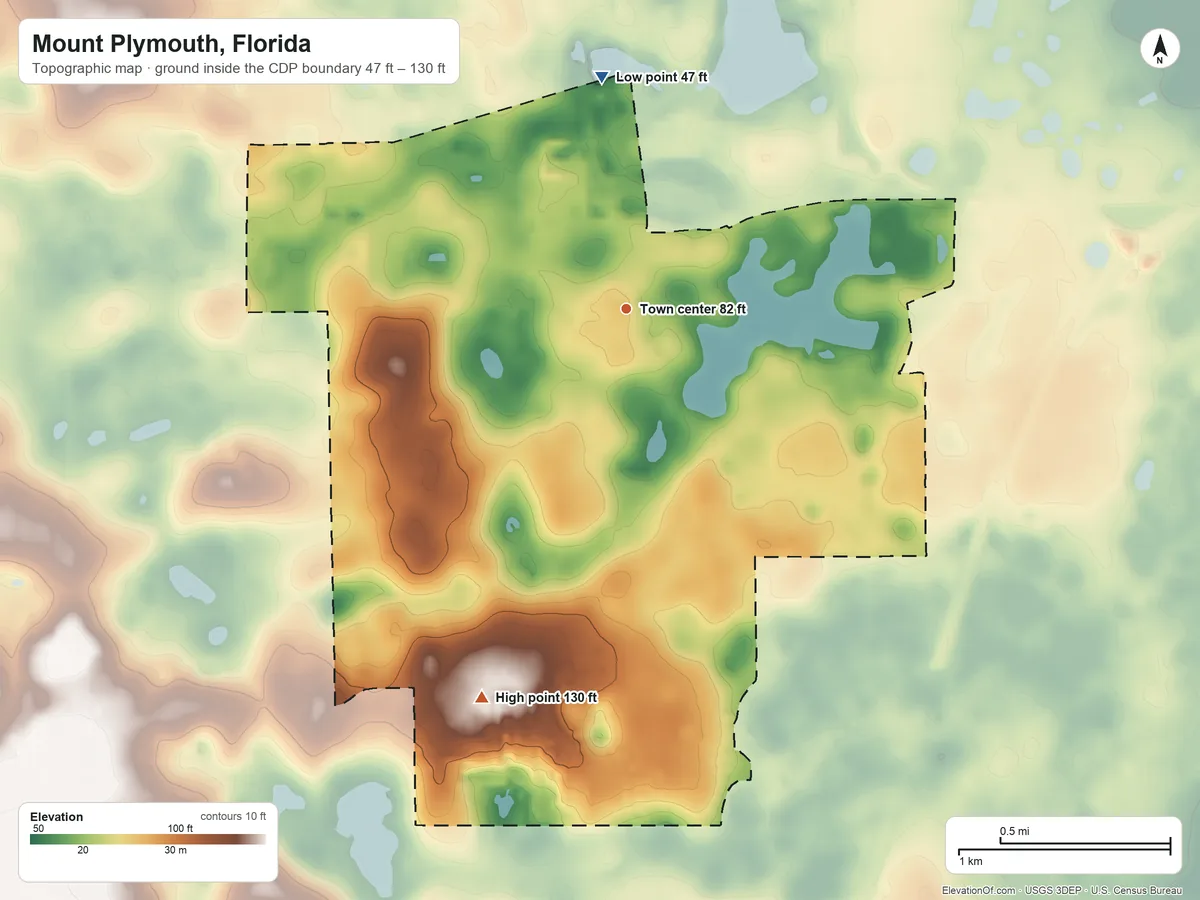 Topographic elevation map of Mount Plymouth, Florida, shaded from 47 ft on the north side to 130 ft on the south side