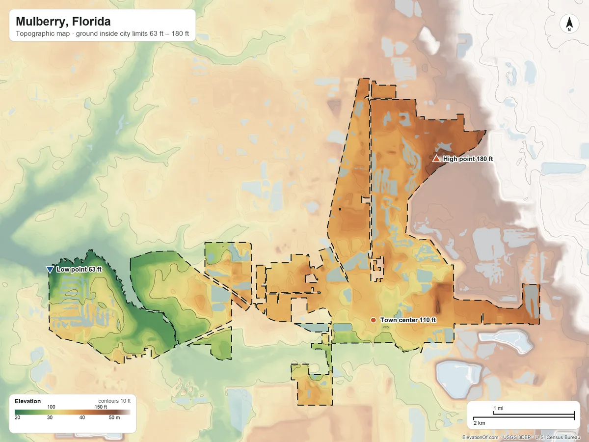 Topographic elevation map of Mulberry, Florida, shaded from 63 ft on the west side to 180 ft on the north side