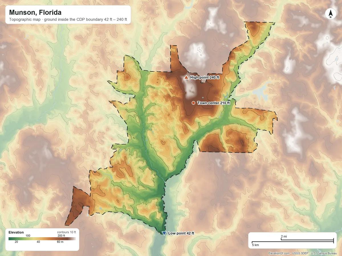 Topographic elevation map of Munson, Florida, shaded from 42 ft on the south side to 240 ft near the middle