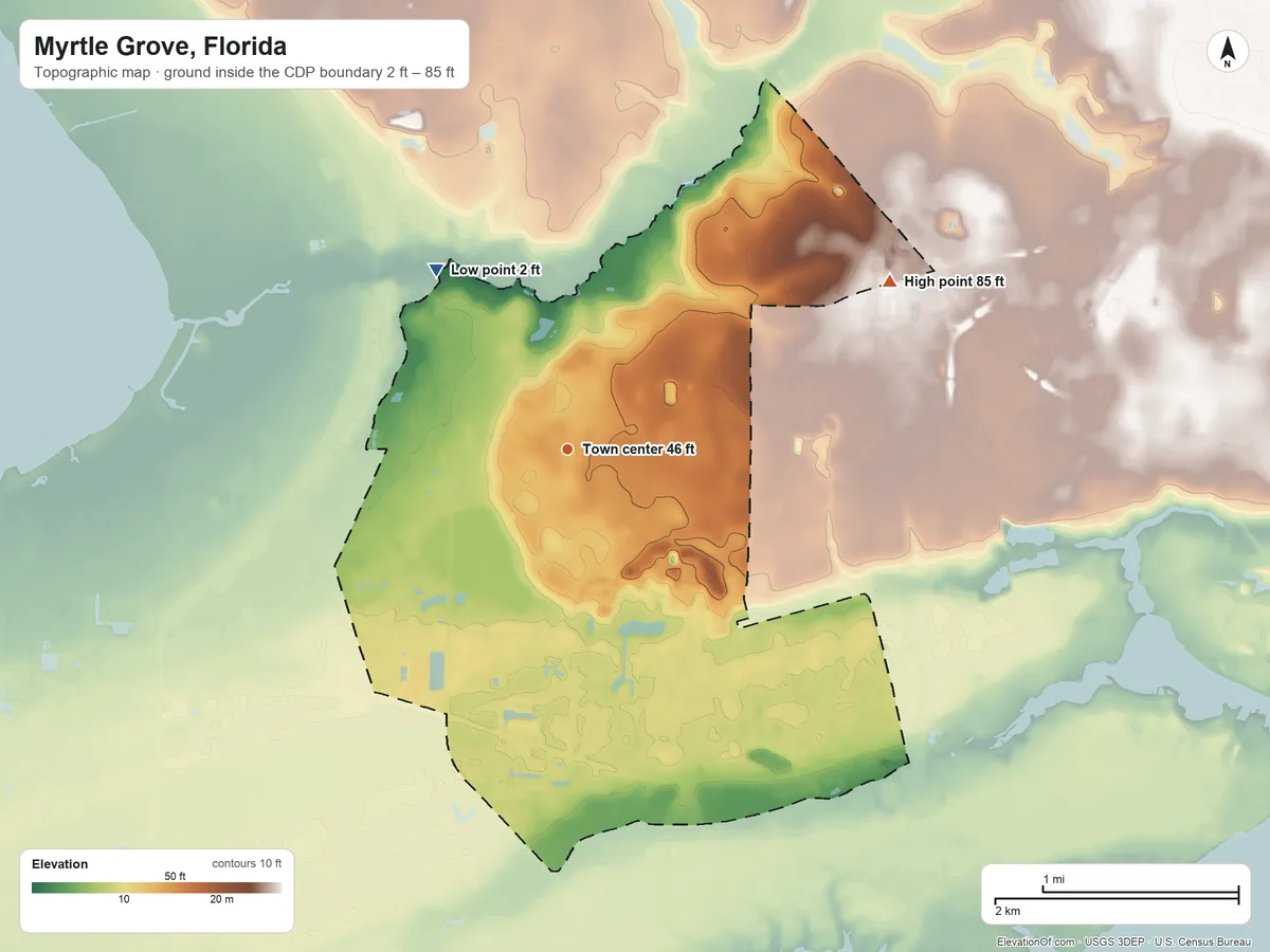 Topographic elevation map of Myrtle Grove, Florida, shaded from 2 ft on the northwest side to 85 ft on the northeast side