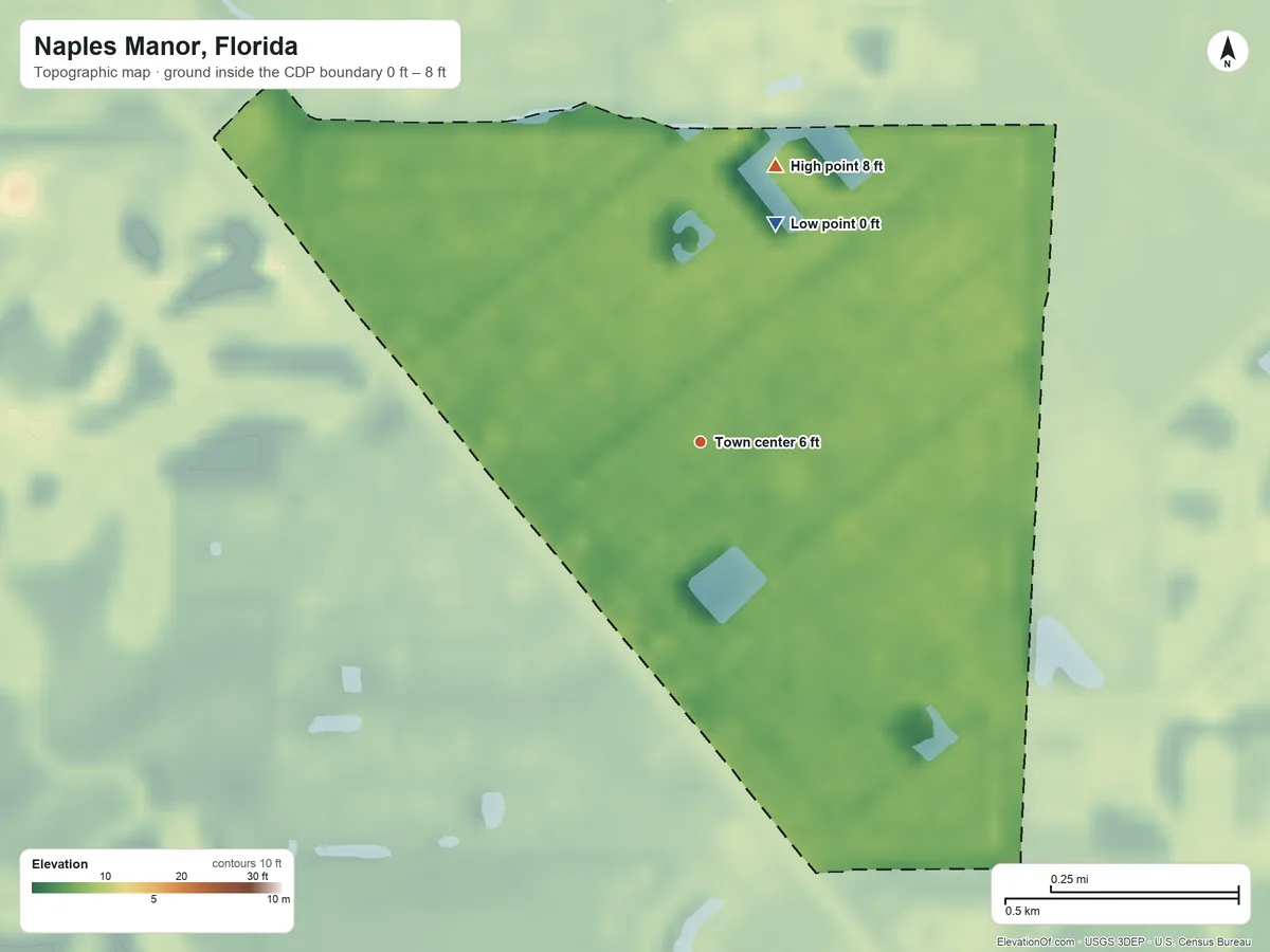 Topographic elevation map of Naples Manor, Florida, shaded from 0 ft on the north side to 8 ft on the north side