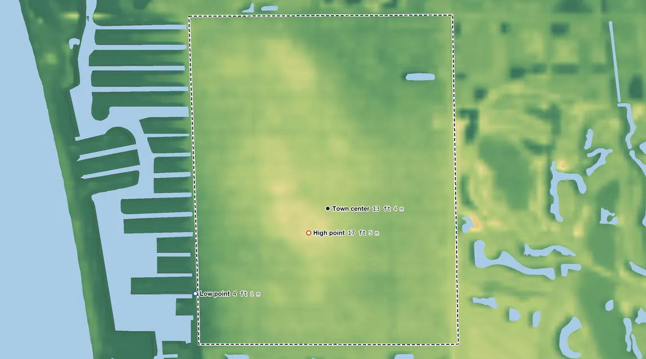Topographic elevation map of Naples Park, Florida, shaded from 4 ft on the southwest side to 17 ft near the middle