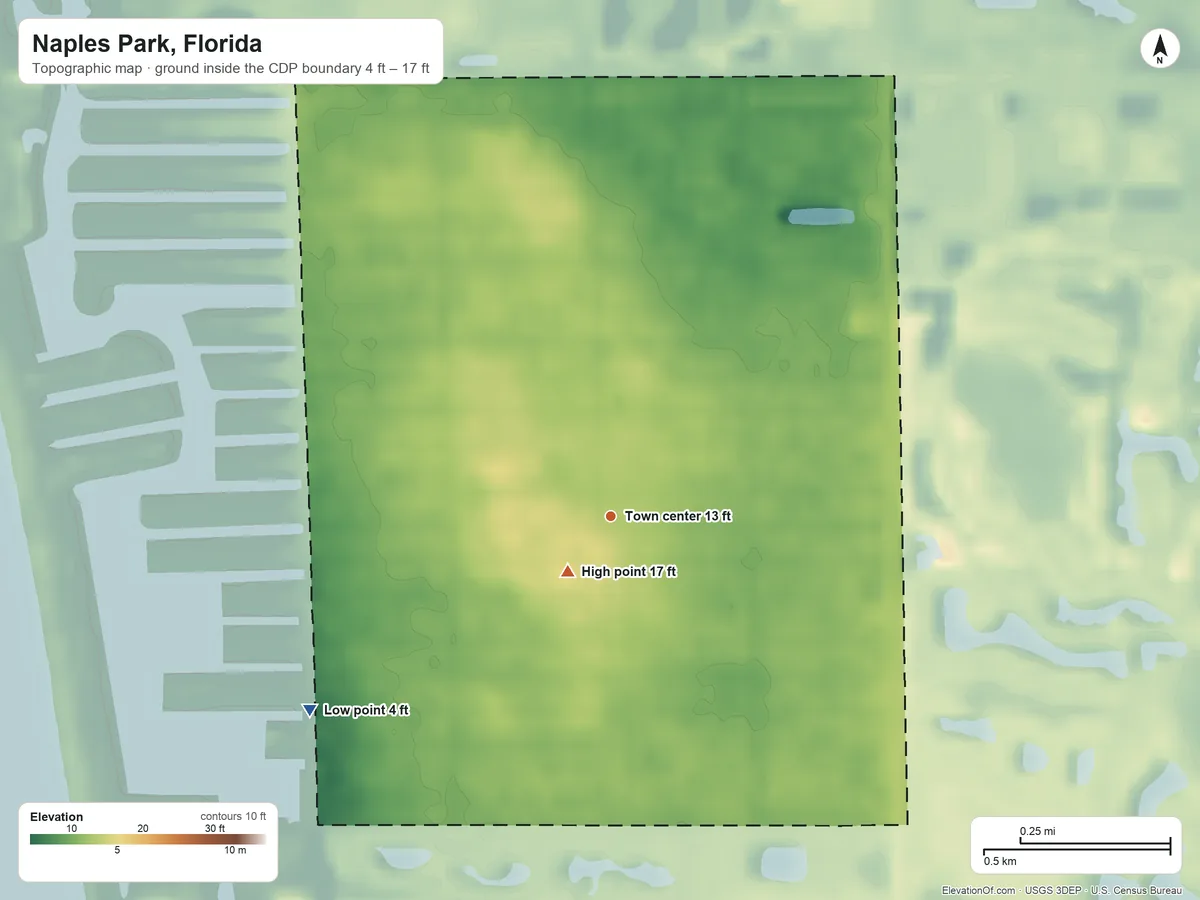 Topographic elevation map of Naples Park, Florida, shaded from 4 ft on the southwest side to 17 ft near the middle
