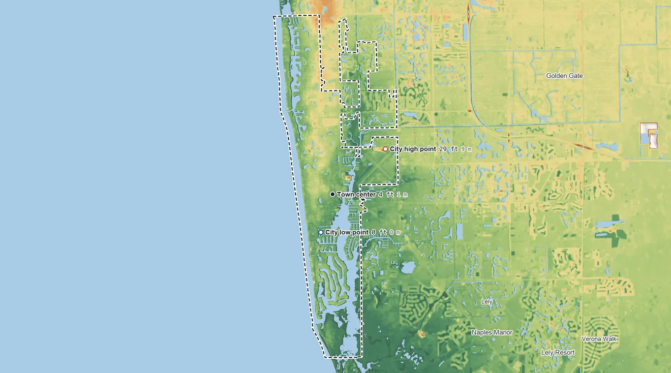 Topographic elevation map of Naples, Florida, shaded from sea level level on Naples Bay to 29 ft on the northeast side