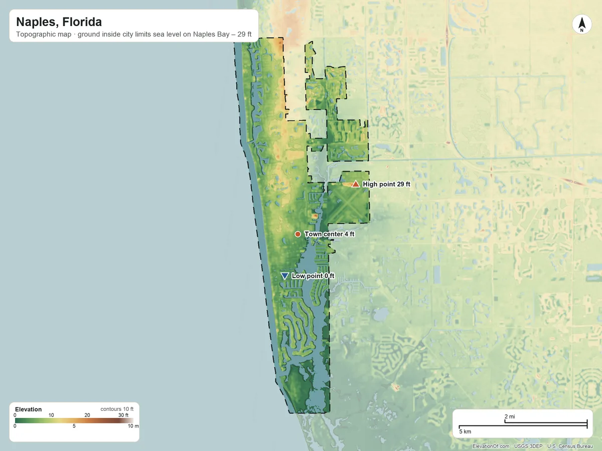 Topographic elevation map of Naples, Florida, shaded from sea level level on Naples Bay to 29 ft on the northeast side