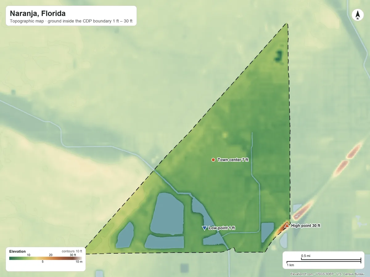 Topographic elevation map of Naranja, Florida, shaded from 1 ft on the south side to 30 ft on the southeast side