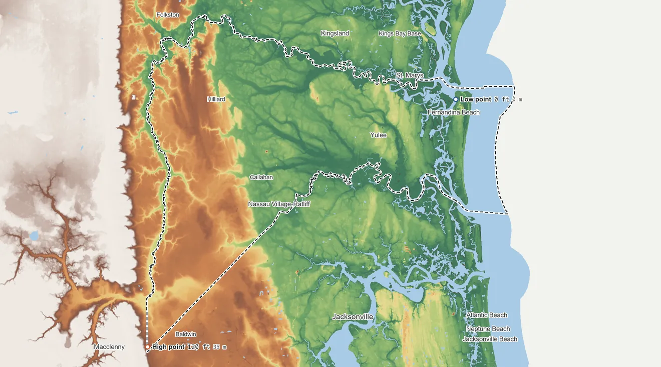 Topographic elevation map of Nassau County, Florida, shaded from sea level on the Atlantic Ocean to 120 ft on the southwest side