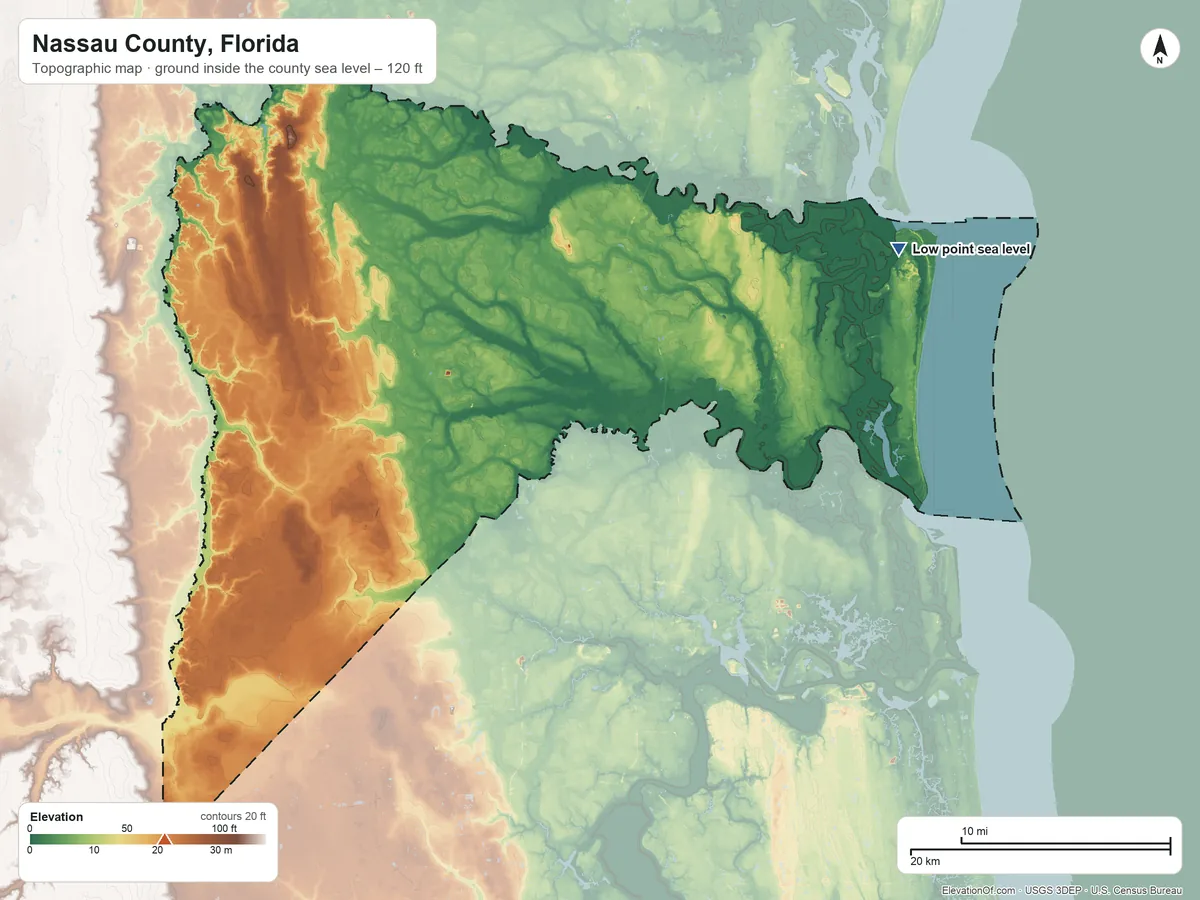 Topographic elevation map of Nassau County, Florida, shaded from sea level on the Atlantic Ocean to 120 ft on the southwest side