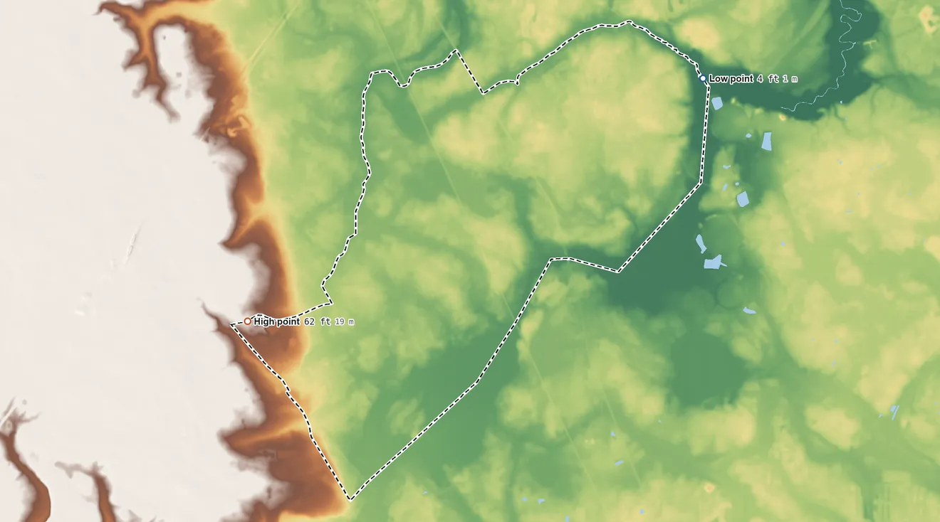 Topographic elevation map of Nassau Village-Ratliff, Florida, shaded from 4 ft on the northeast side to 62 ft on the southwest side