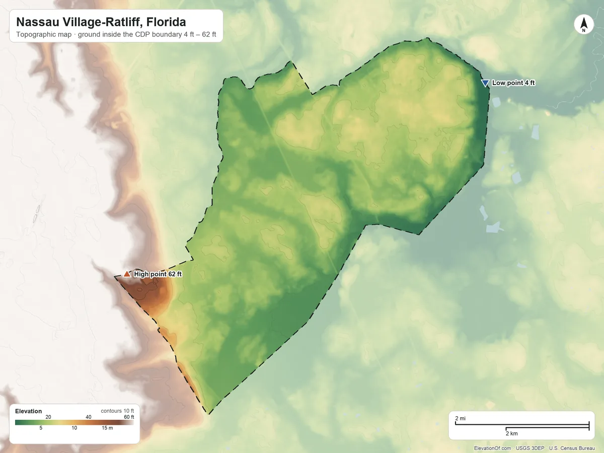 Topographic elevation map of Nassau Village-Ratliff, Florida, shaded from 4 ft on the northeast side to 62 ft on the southwest side