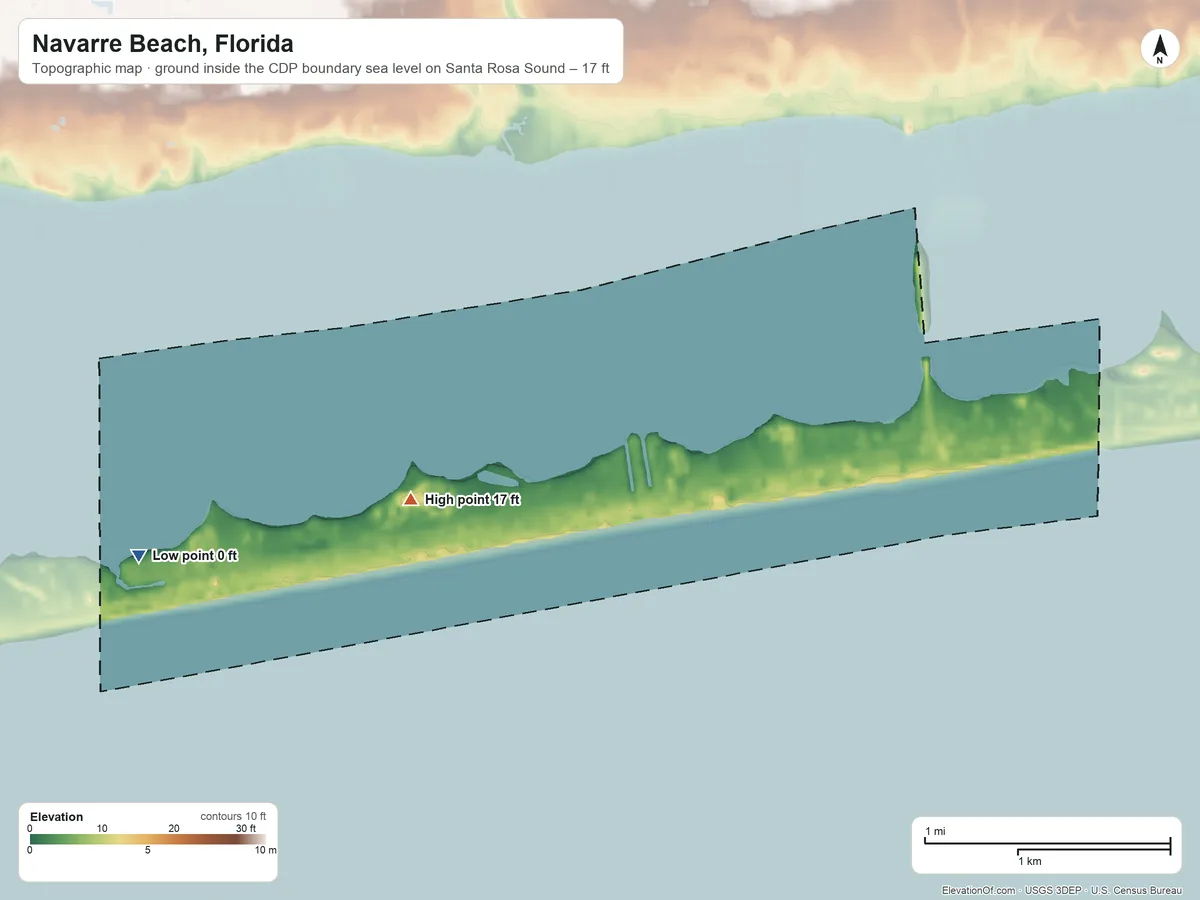 Topographic elevation map of Navarre Beach, Florida, shaded from sea level level on Santa Rosa Sound to 17 ft on the west side
