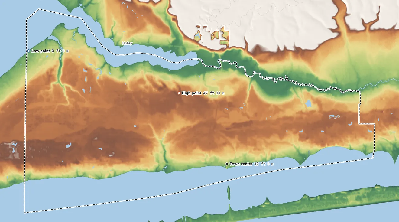 Topographic elevation map of Navarre, Florida, shaded from sea level level on East Bay to 47 ft on the northwest side