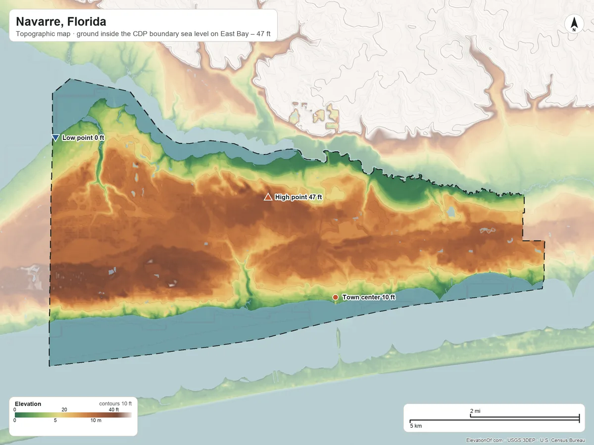 Topographic elevation map of Navarre, Florida, shaded from sea level level on East Bay to 47 ft on the northwest side