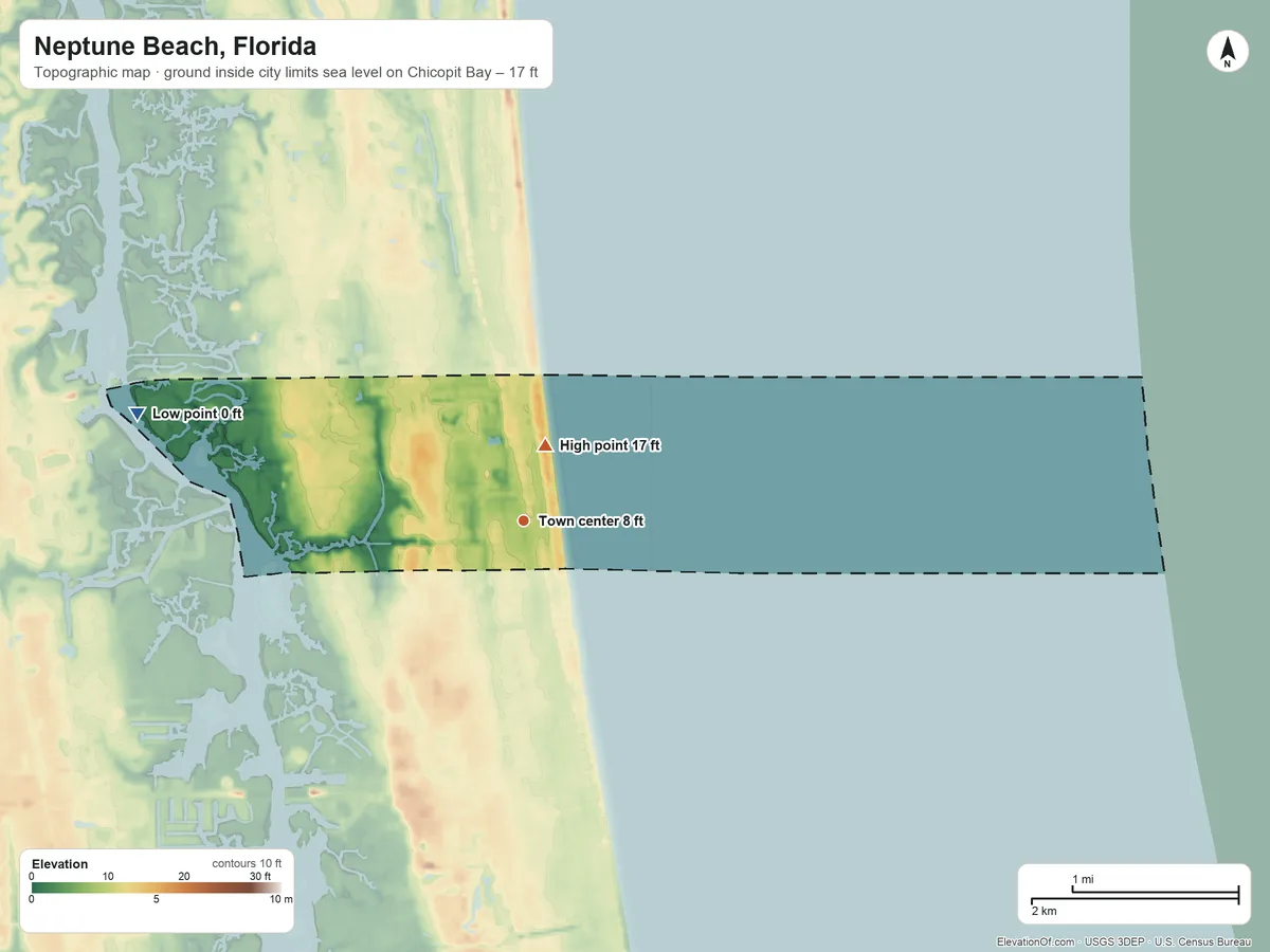 Topographic elevation map of Neptune Beach, Florida, shaded from sea level level on Chicopit Bay to 17 ft near the middle