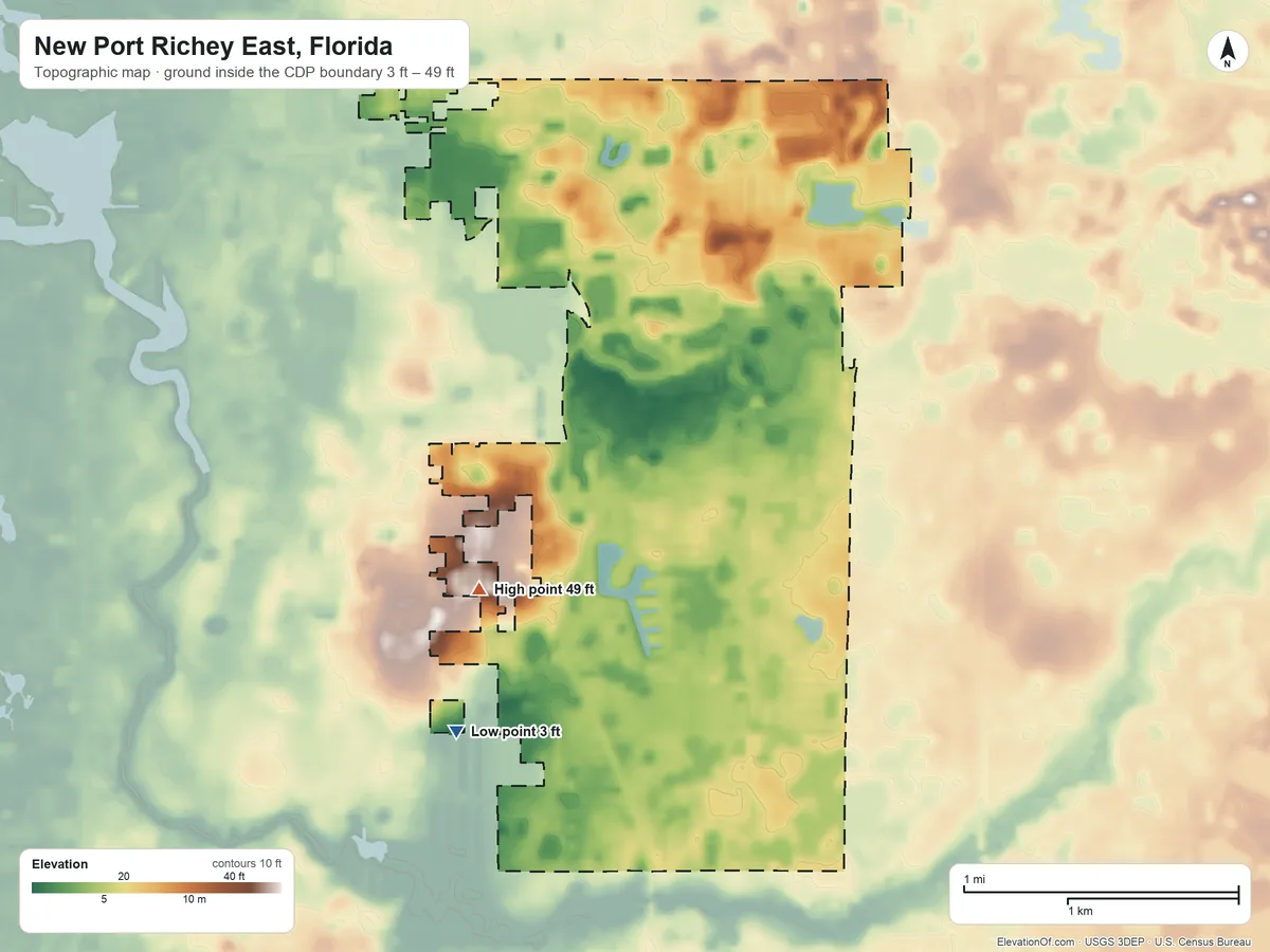 Topographic elevation map of New Port Richey East, Florida, shaded from 3 ft on the southwest side to 49 ft on the southwest side