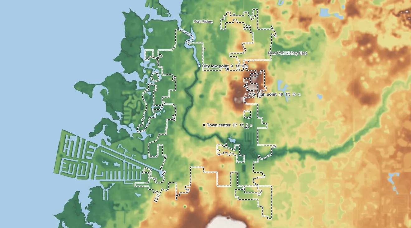 Topographic elevation map of New Port Richey, Florida, shaded from sea level level on the Pithlachascotee River to 49 ft on the northeast side