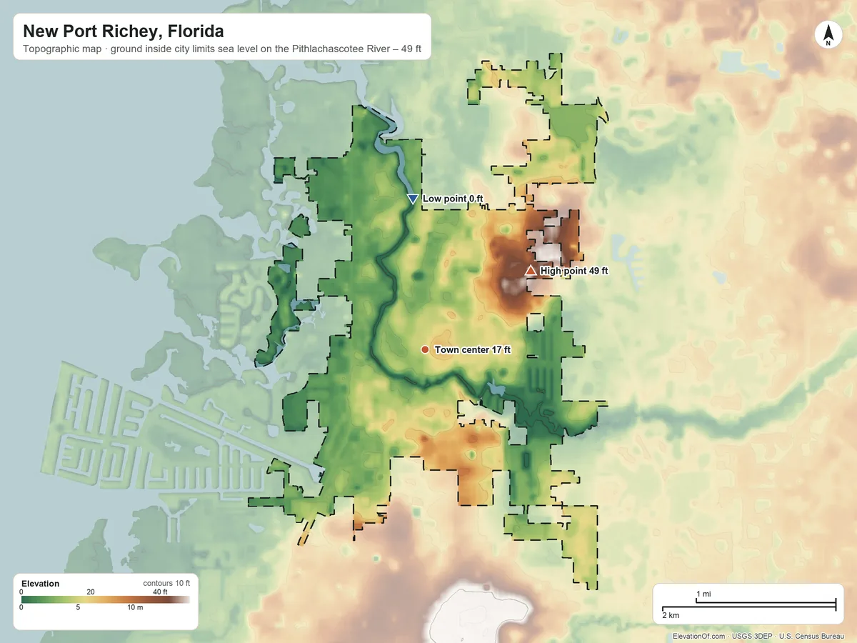 Topographic elevation map of New Port Richey, Florida, shaded from sea level level on the Pithlachascotee River to 49 ft on the northeast side