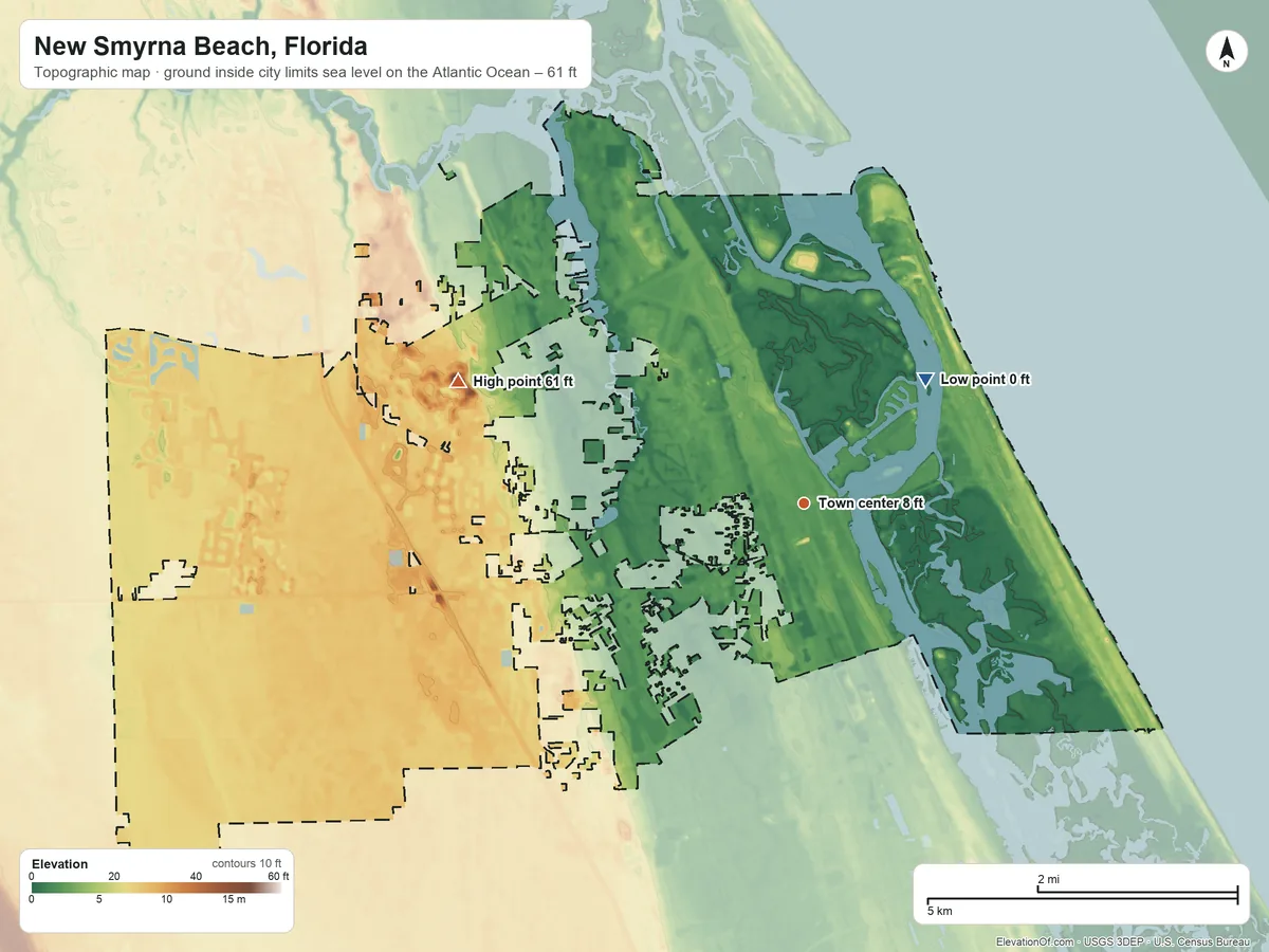 Topographic elevation map of New Smyrna Beach, Florida, shaded from sea level level on the Atlantic Ocean to 61 ft on the west side