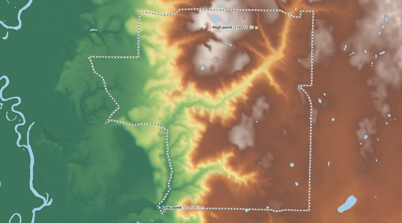 Topographic elevation map of New York, Florida, shaded from 55 ft on the southwest side to 250 ft on the northwest side