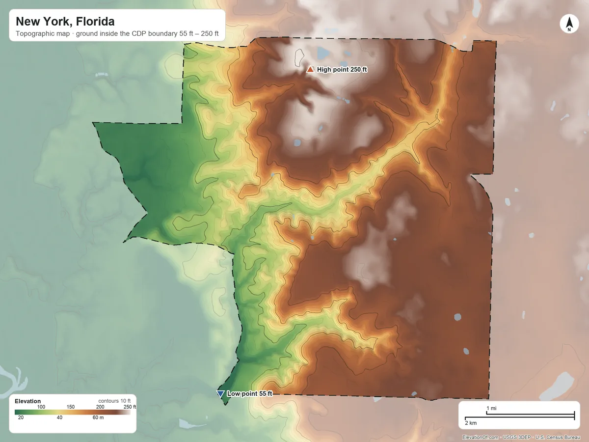 Topographic elevation map of New York, Florida, shaded from 55 ft on the southwest side to 250 ft on the northwest side