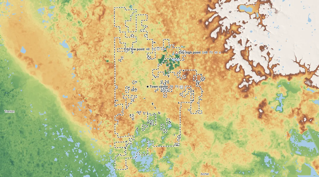 Topographic elevation map of Newberry, Florida, shaded from 40 ft on the northeast side to 140 ft on the northeast side