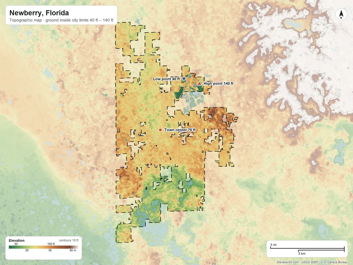 Topographic elevation map of Newberry, Florida, shaded from 40 ft on the northeast side to 140 ft on the northeast side
