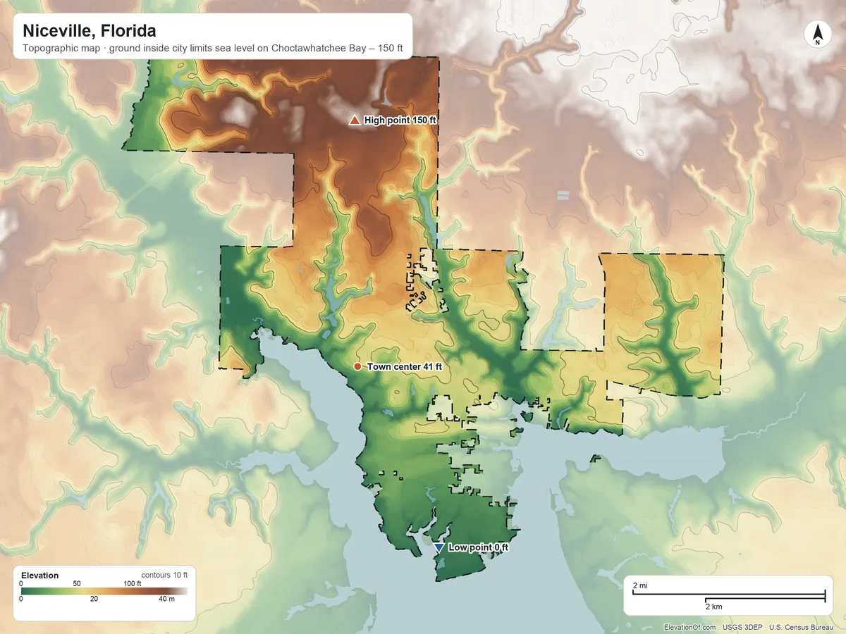 Topographic elevation map of Niceville, Florida, shaded from sea level level on Choctawhatchee Bay to 150 ft on the north side