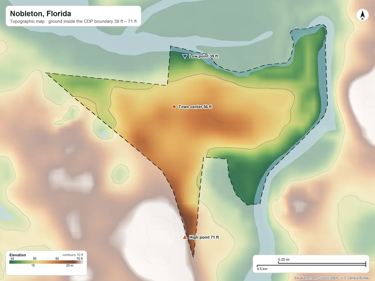 Topographic elevation map of Nobleton, Florida, shaded from 39 ft on the north side to 71 ft on the south side