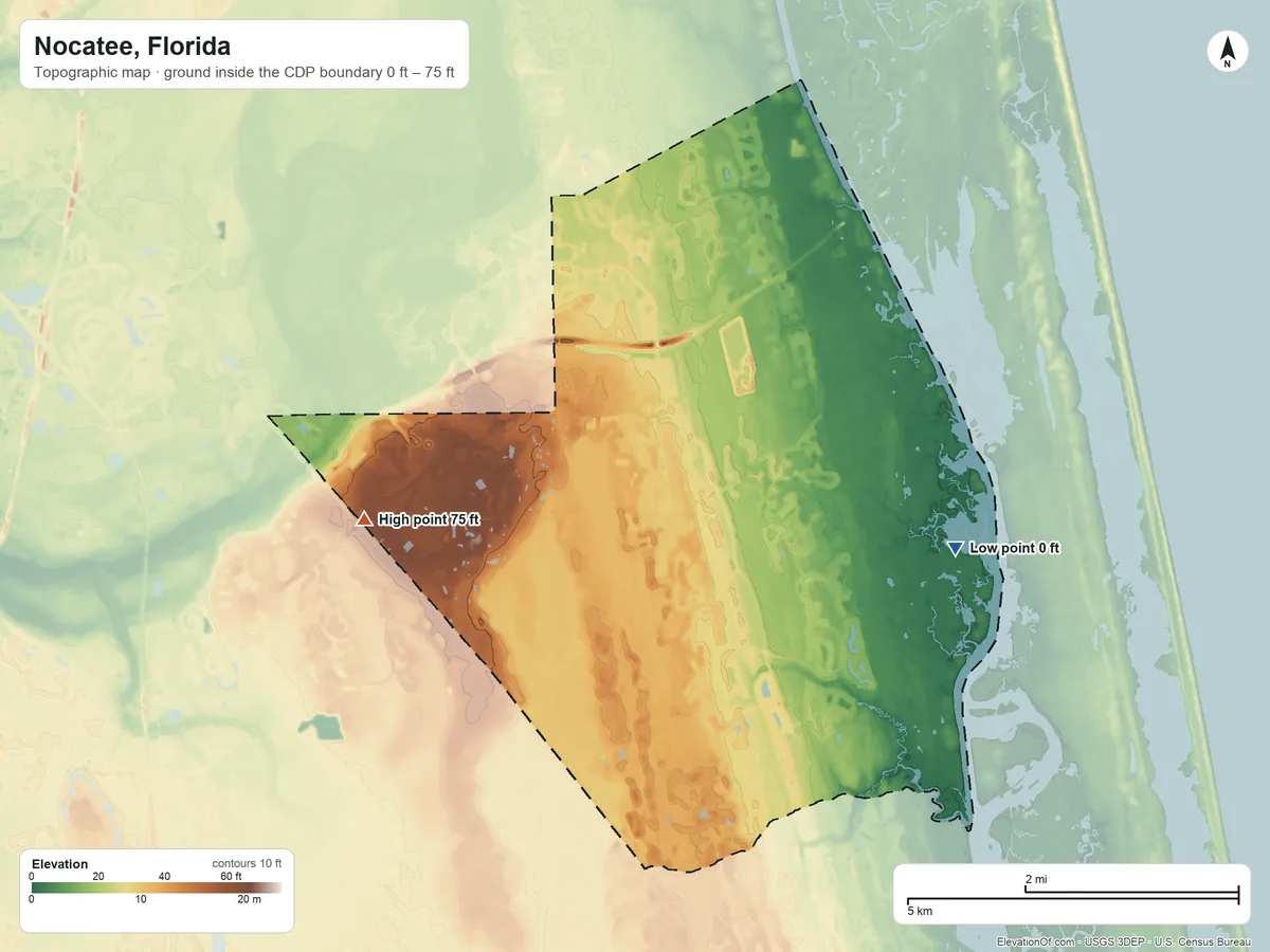 Topographic elevation map of Nocatee, Florida, shaded from 0 ft on the east side to 75 ft on the west side