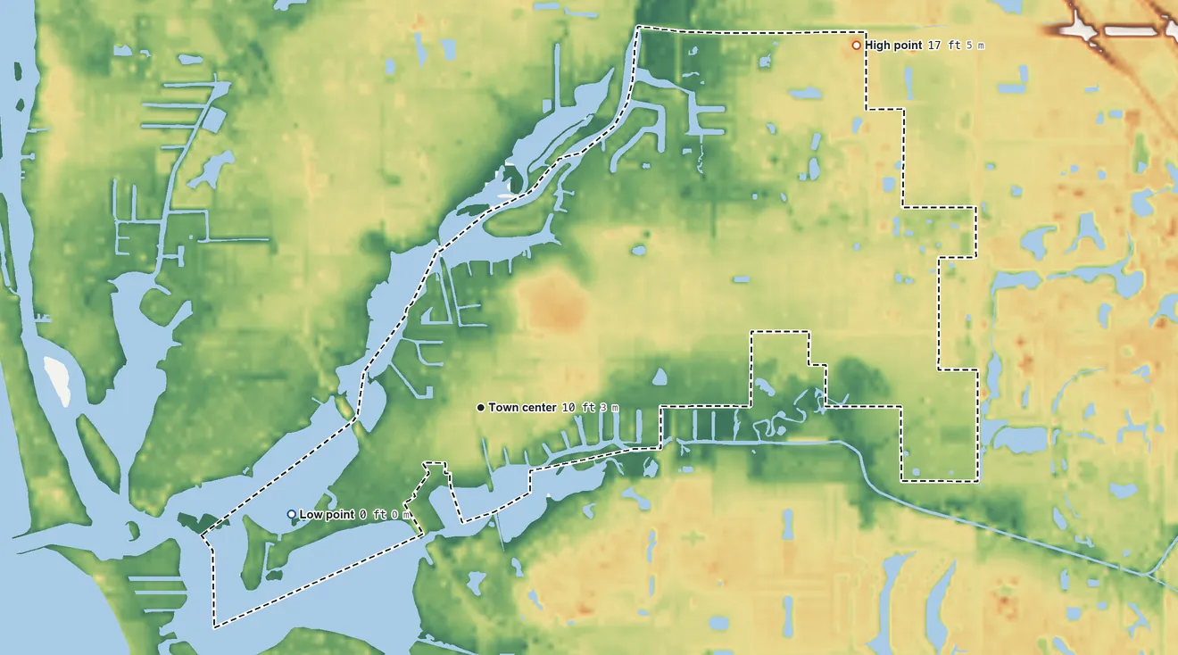 Topographic elevation map of Nokomis, Florida, shaded from sea level level on Dona Bay to 17 ft on the northeast side