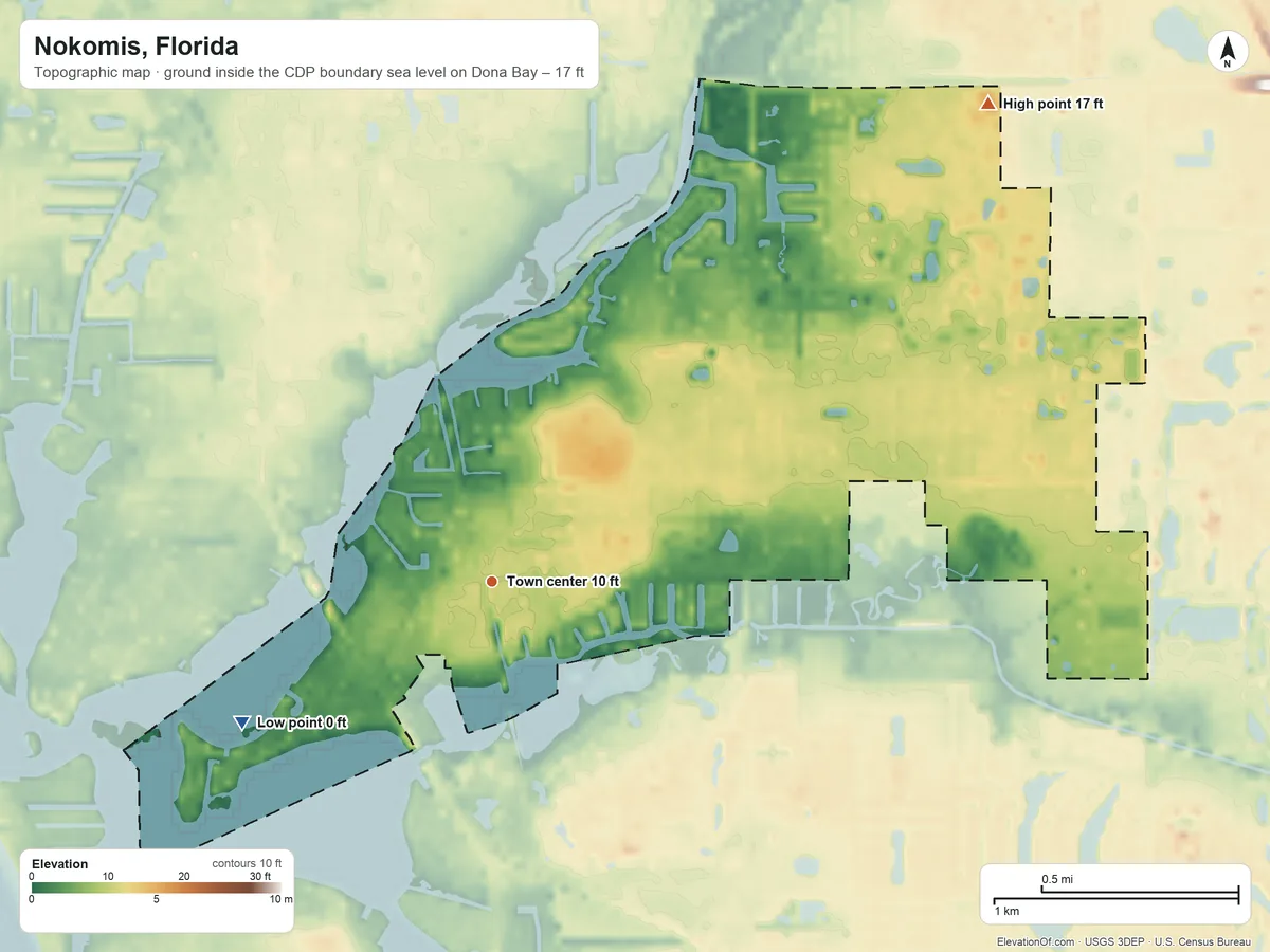 Topographic elevation map of Nokomis, Florida, shaded from sea level level on Dona Bay to 17 ft on the northeast side