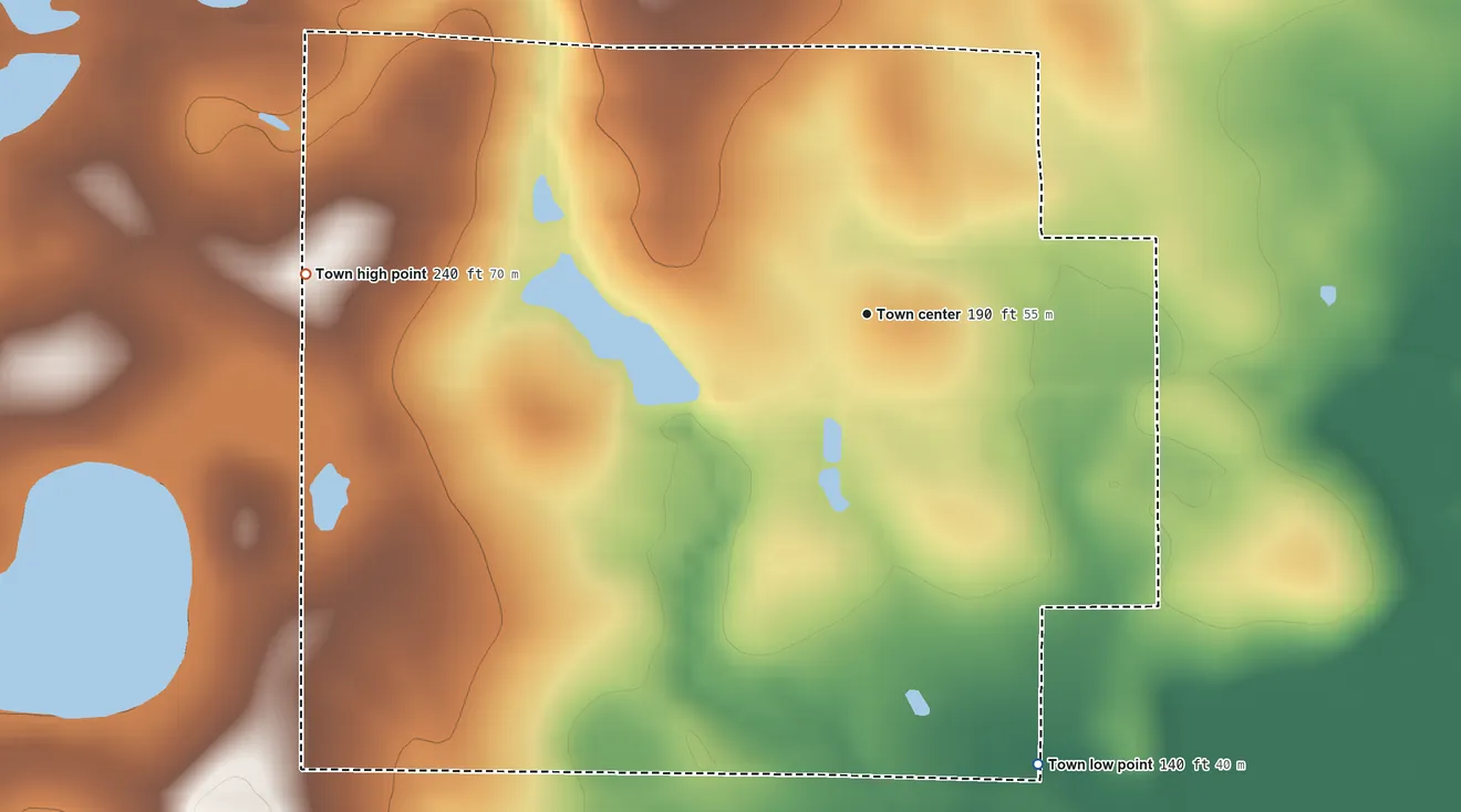 Topographic elevation map of Noma, Florida, shaded from 140 ft on the south side to 240 ft on the west side