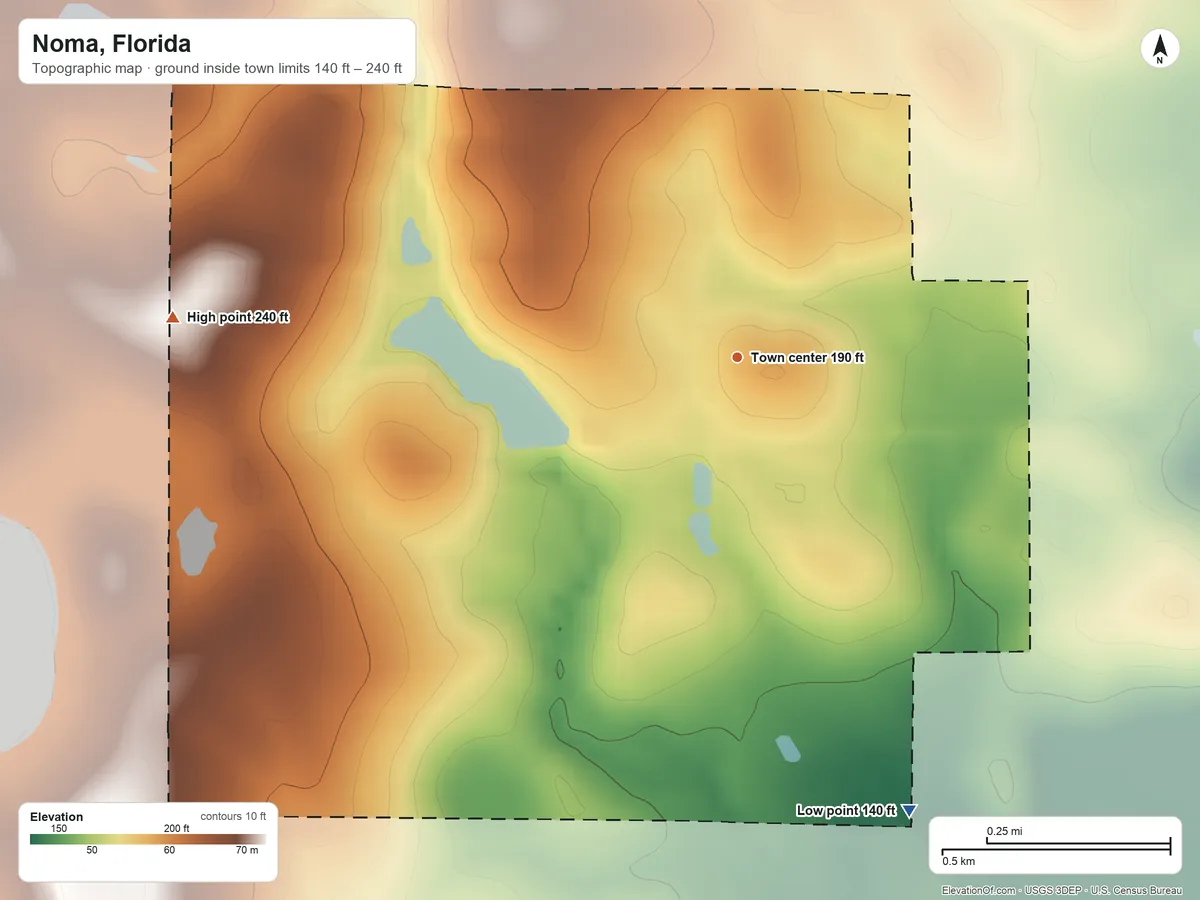 Topographic elevation map of Noma, Florida, shaded from 140 ft on the south side to 240 ft on the west side