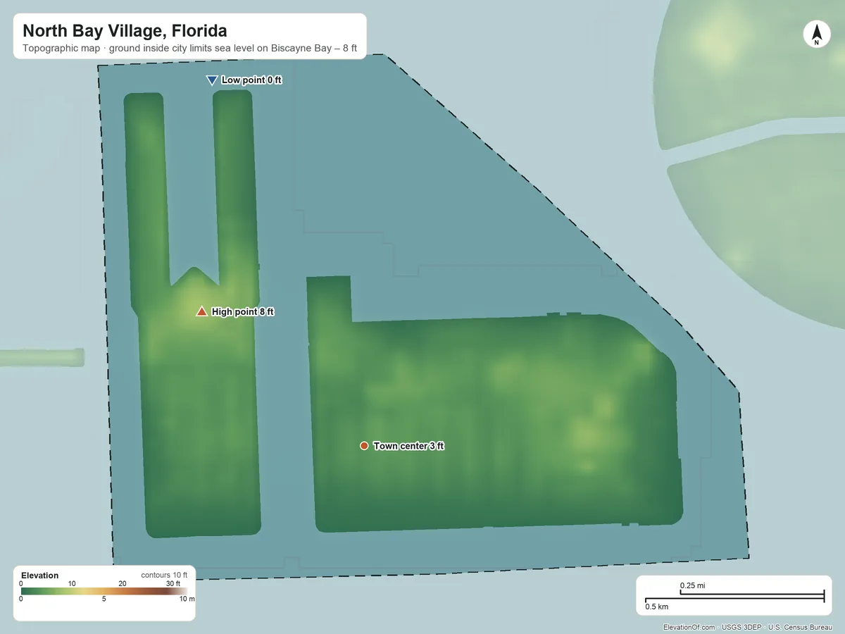 Topographic elevation map of North Bay Village, Florida, shaded from sea level level on Biscayne Bay to 8 ft on the northwest side