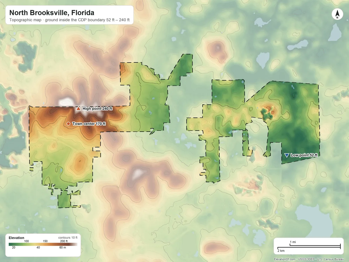 Topographic elevation map of North Brooksville, Florida, shaded from 52 ft on the east side to 240 ft near the middle