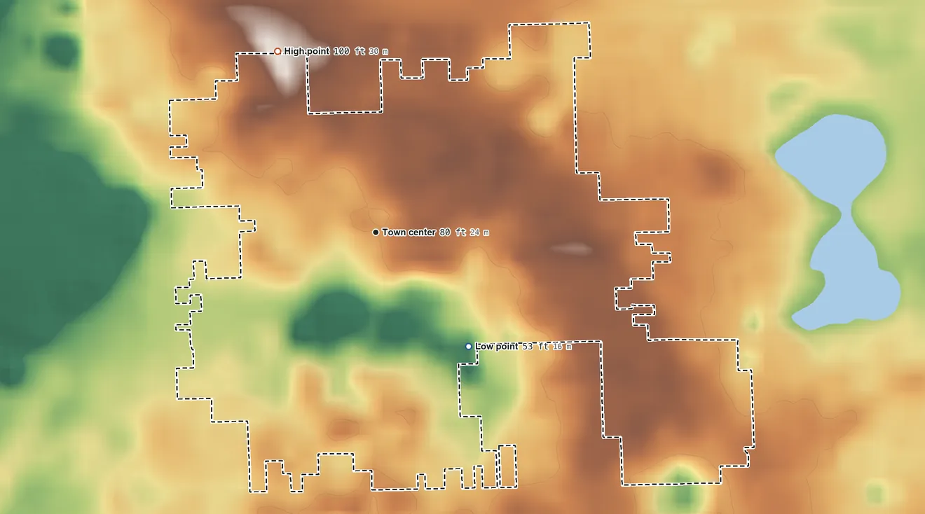 Topographic elevation map of North DeLand, Florida, shaded from 53 ft on the southeast side to 100 ft on the northwest side