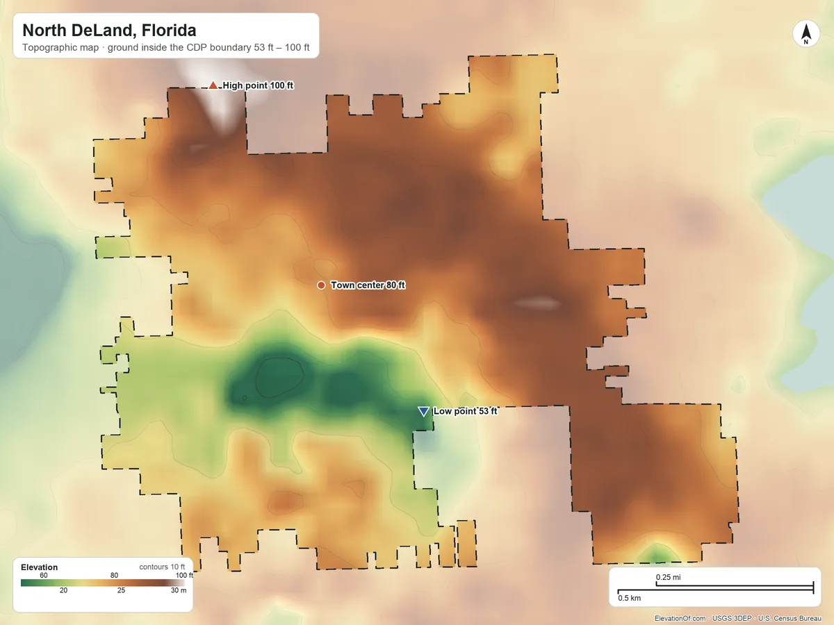 Topographic elevation map of North DeLand, Florida, shaded from 53 ft on the southeast side to 100 ft on the northwest side