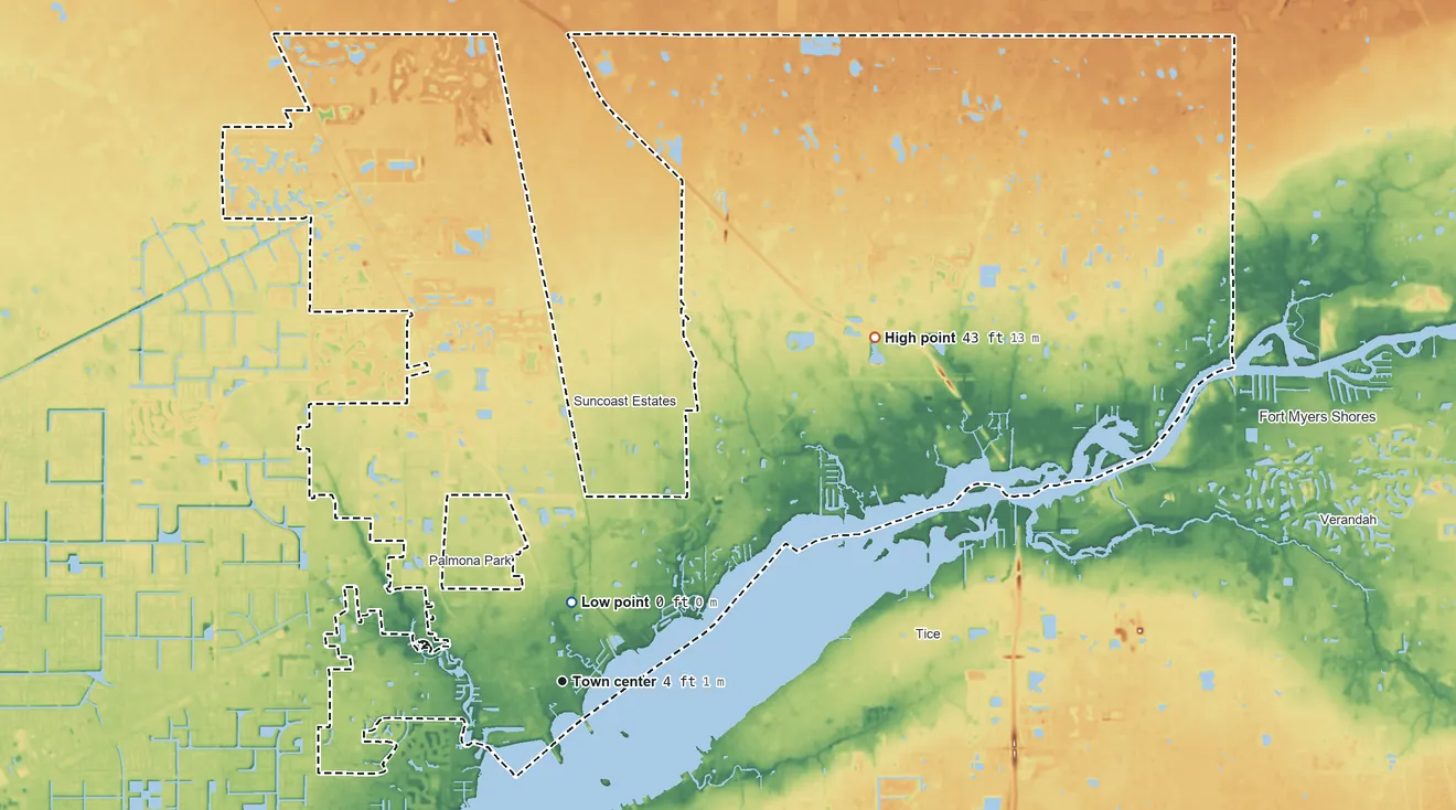 Topographic elevation map of North Fort Myers, Florida, shaded from sea level level on Cameron Bay to 43 ft on the northeast side