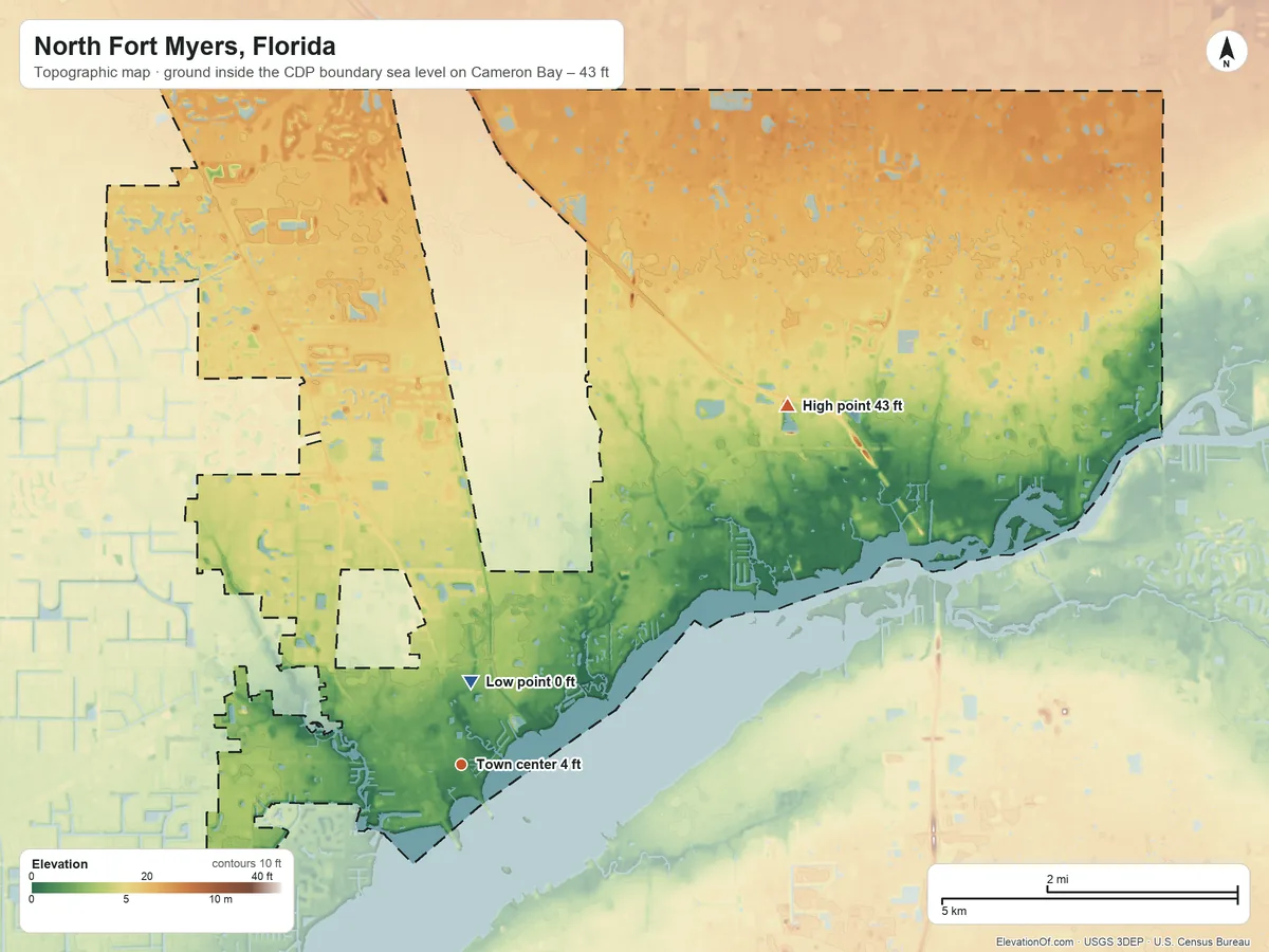 Topographic elevation map of North Fort Myers, Florida, shaded from sea level level on Cameron Bay to 43 ft on the northeast side