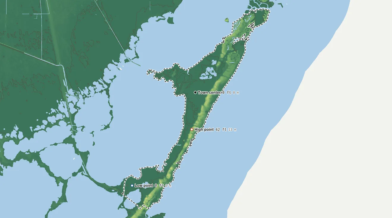 Topographic elevation map of North Key Largo, Florida, shaded from sea level level on Barnes Sound to 42 ft on Basin Hills