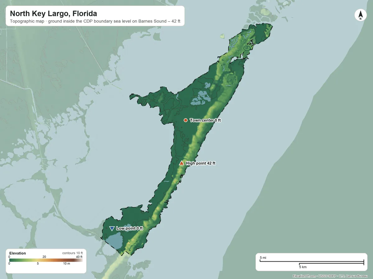 Topographic elevation map of North Key Largo, Florida, shaded from sea level level on Barnes Sound to 42 ft on Basin Hills