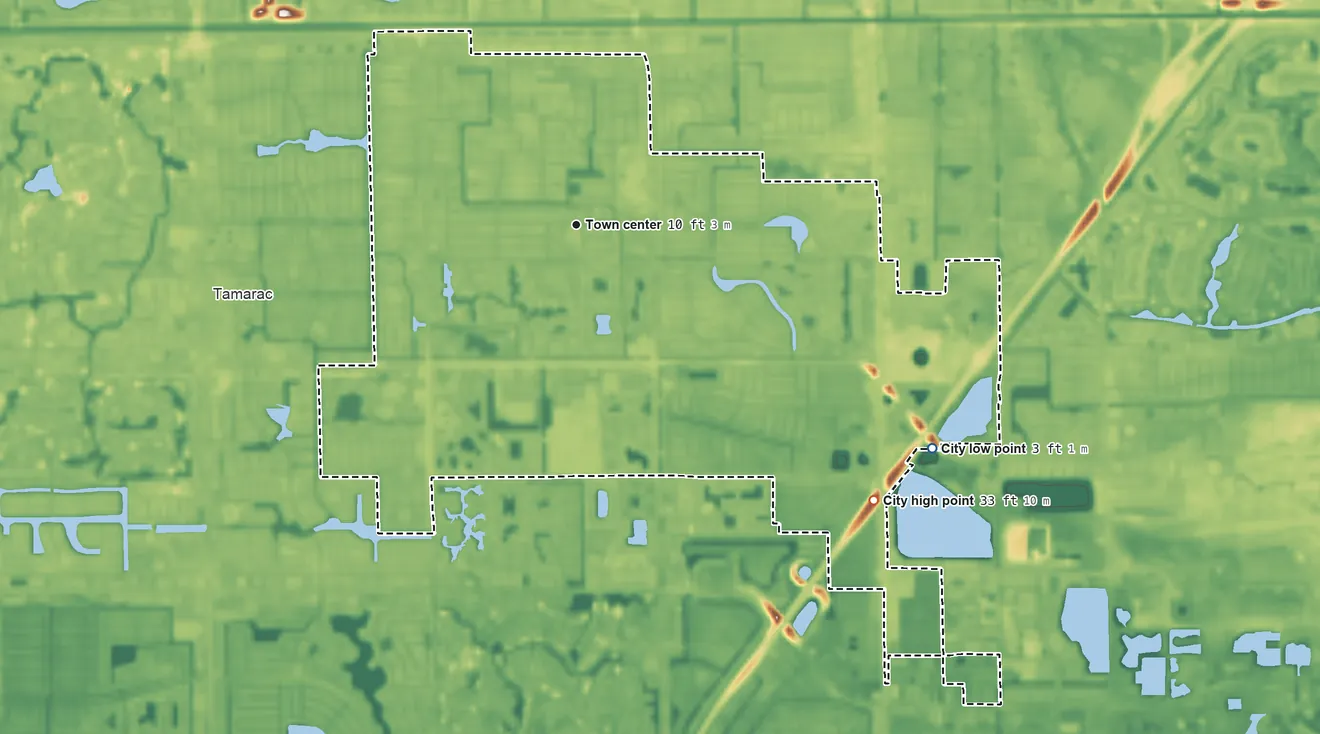 Topographic elevation map of North Lauderdale, Florida, shaded from 3 ft on the southeast side to 33 ft on the southeast side