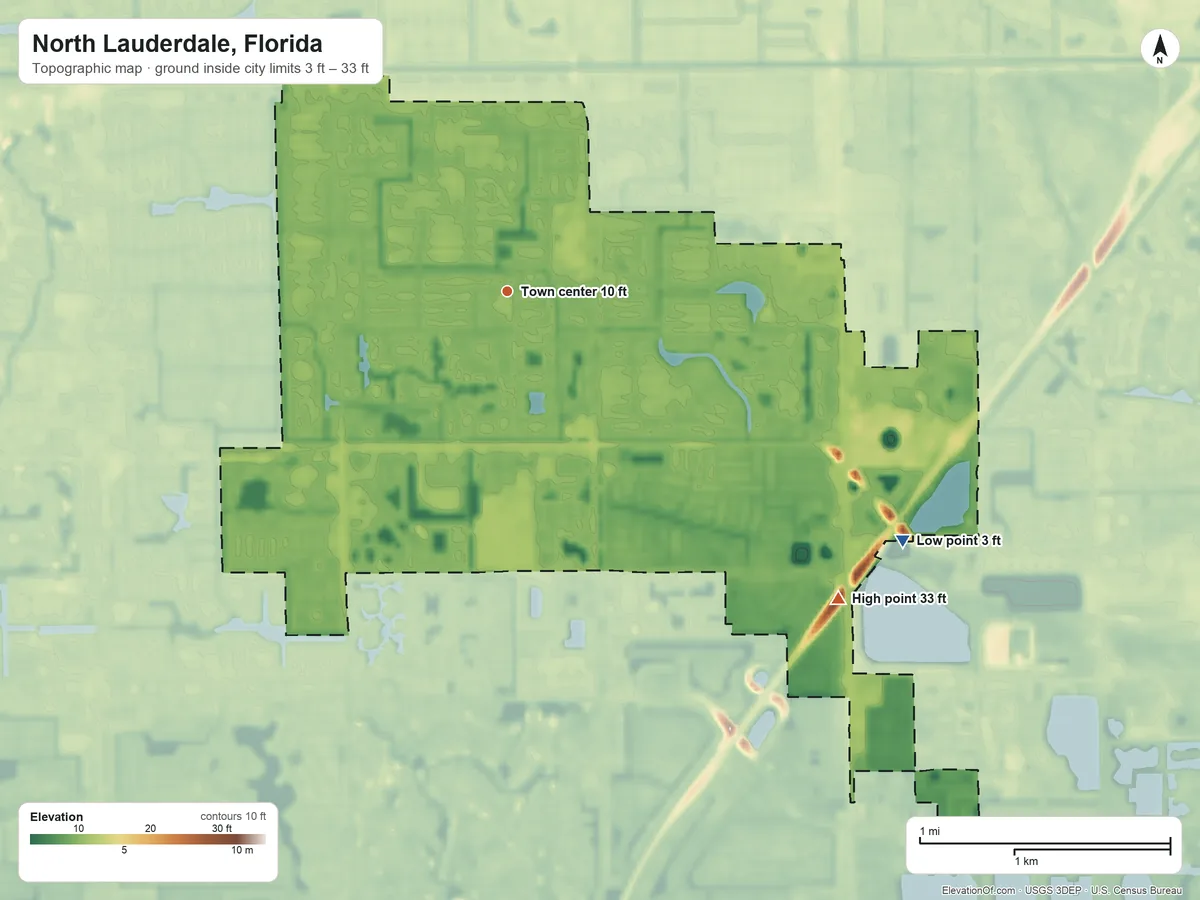 Topographic elevation map of North Lauderdale, Florida, shaded from 3 ft on the southeast side to 33 ft on the southeast side