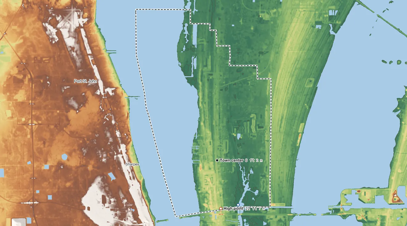 Topographic elevation map of North Merritt Island, Florida, shaded from sea level level on Barge Canal to 22 ft on the south side