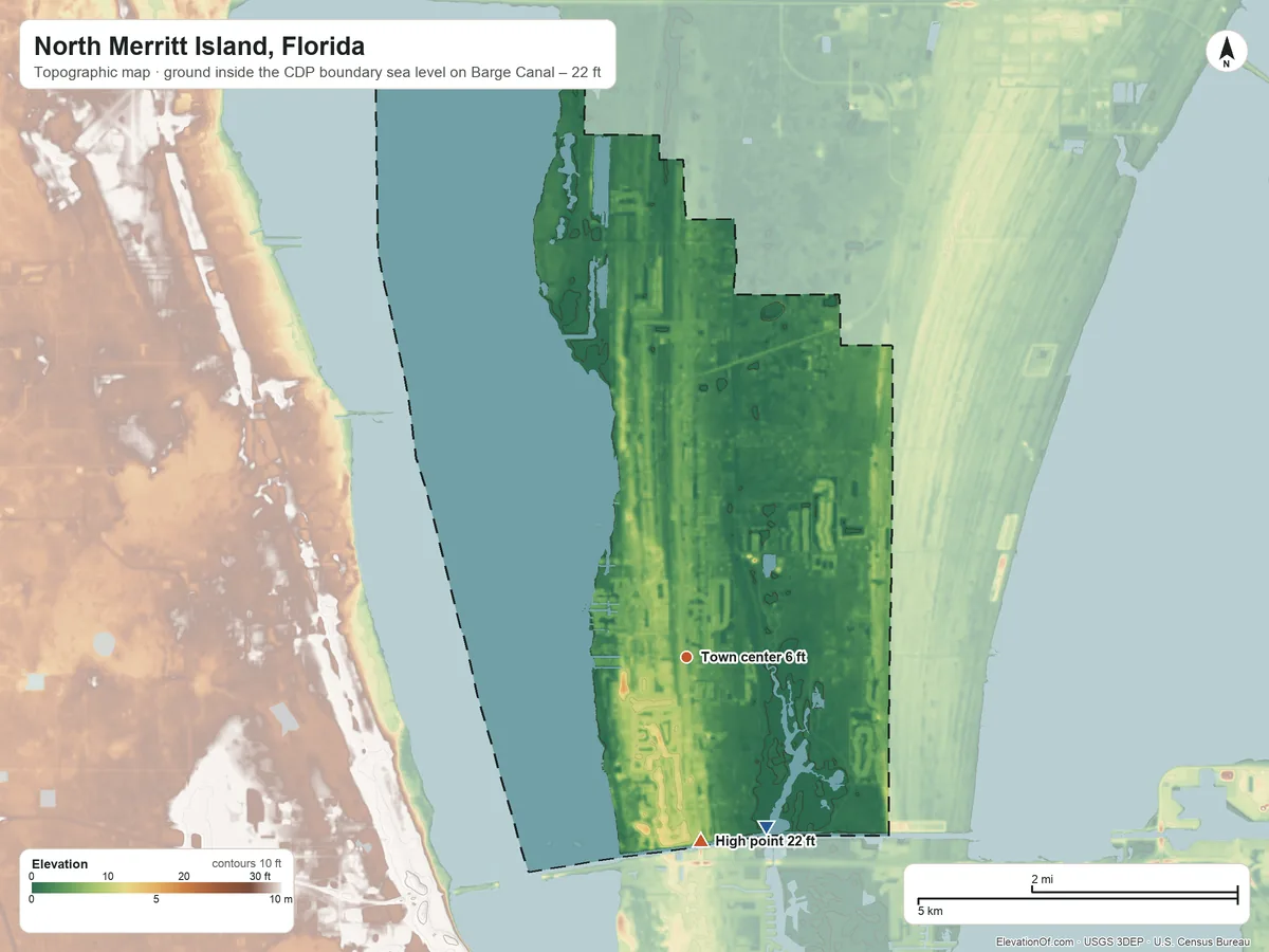 Topographic elevation map of North Merritt Island, Florida, shaded from sea level level on Barge Canal to 22 ft on the south side