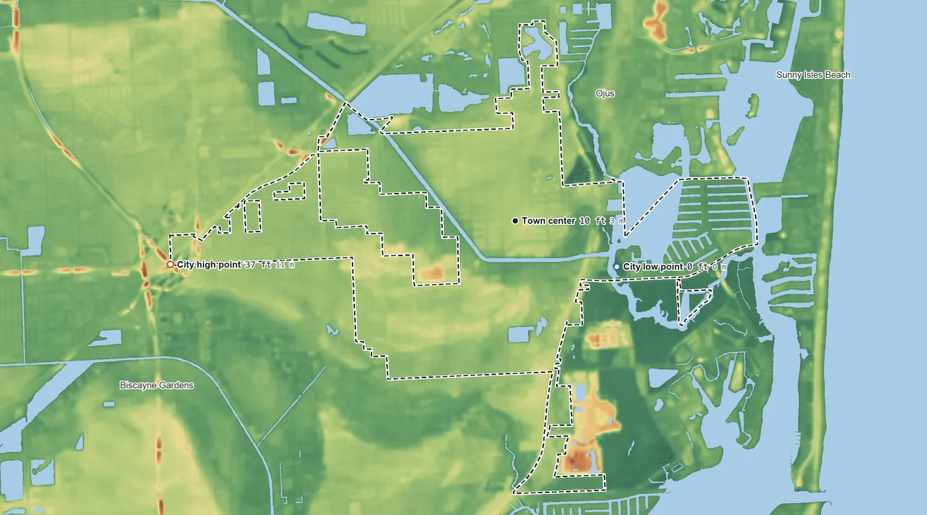 Topographic elevation map of North Miami Beach, Florida, shaded from sea level level on Biscayne Bay to 37 ft on the west side
