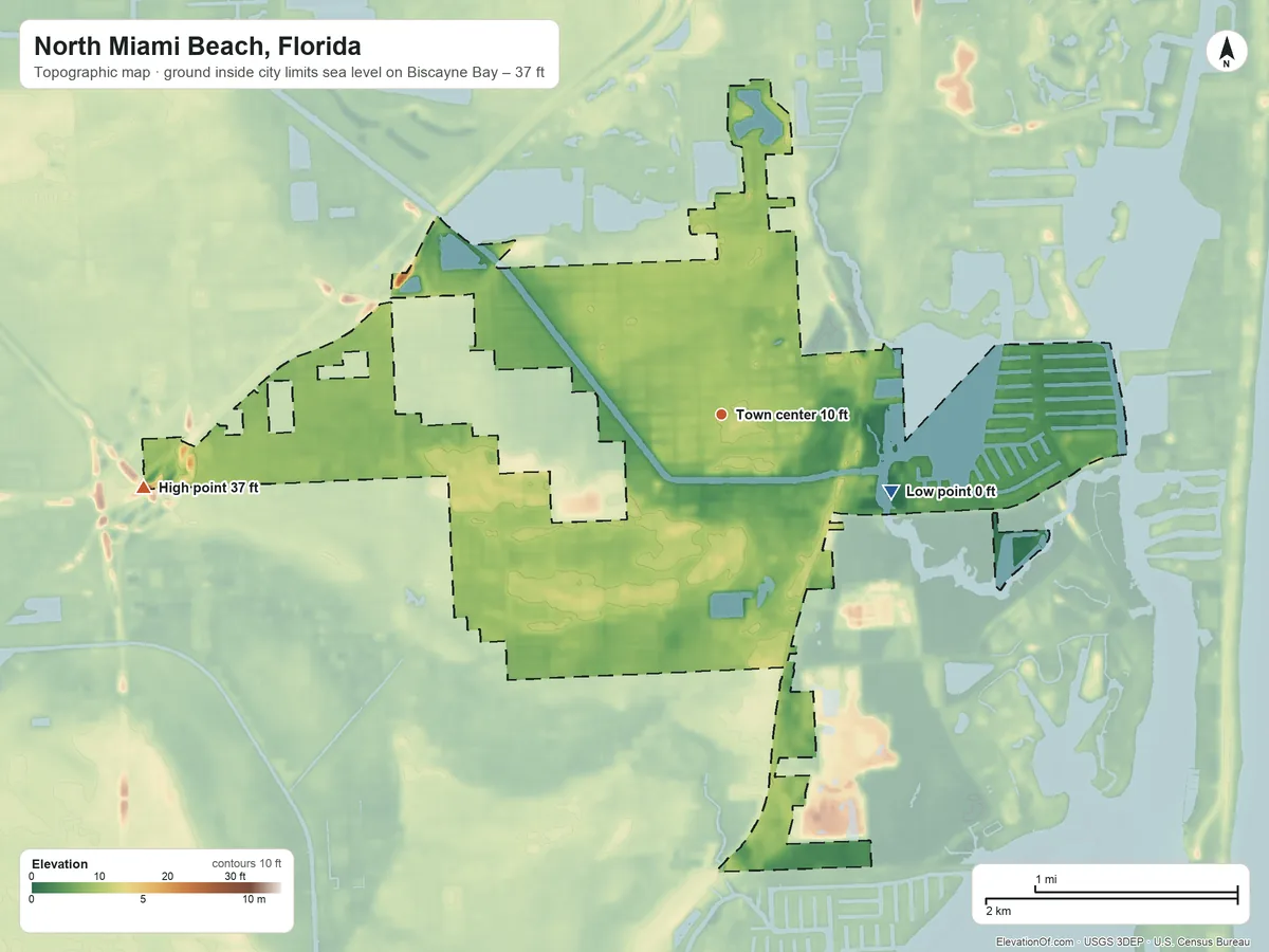 Topographic elevation map of North Miami Beach, Florida, shaded from sea level level on Biscayne Bay to 37 ft on the west side